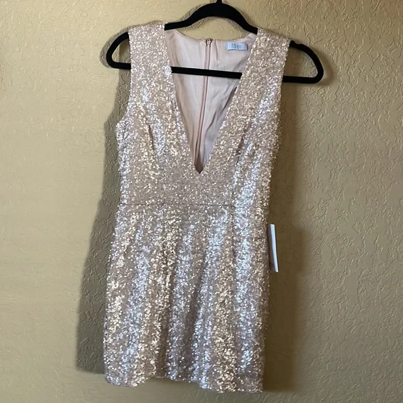 NWT Tobi Champagne Sequin Mini Dress - Picture 3 of 6
